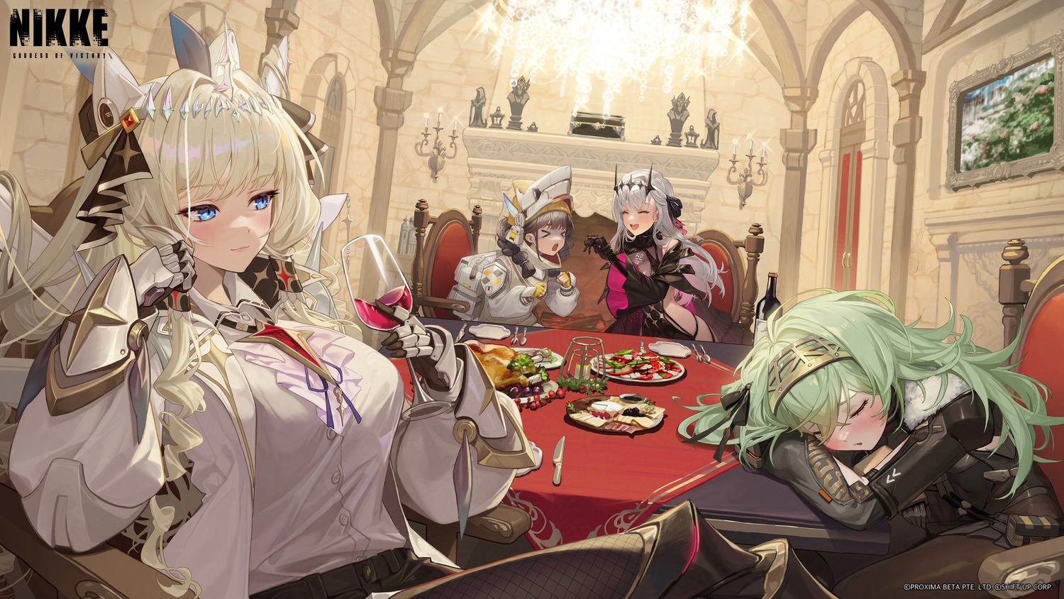 armor, blonde_hair, blue_eyes, blush, bow, braids, brown_hair, chime_(nikke)
