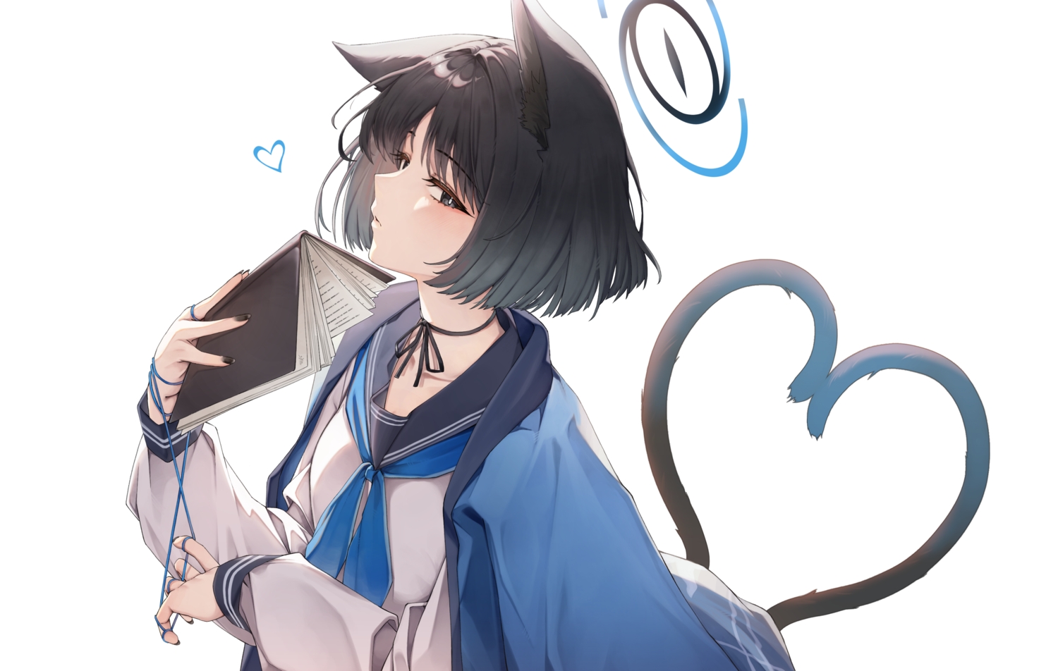 animal_ears, black_hair, blue_archive, blush, book, cape, catgirl, choker