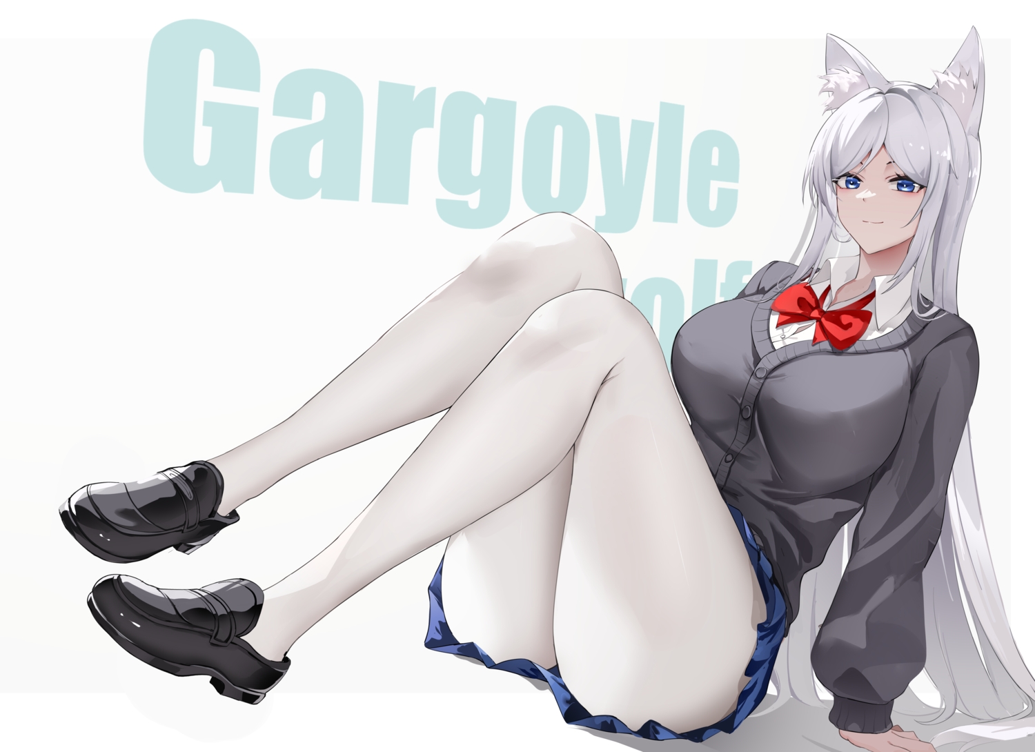 animal_ears, baige0, blue_eyes, bow, gray_hair, long_hair, original, pantyhose