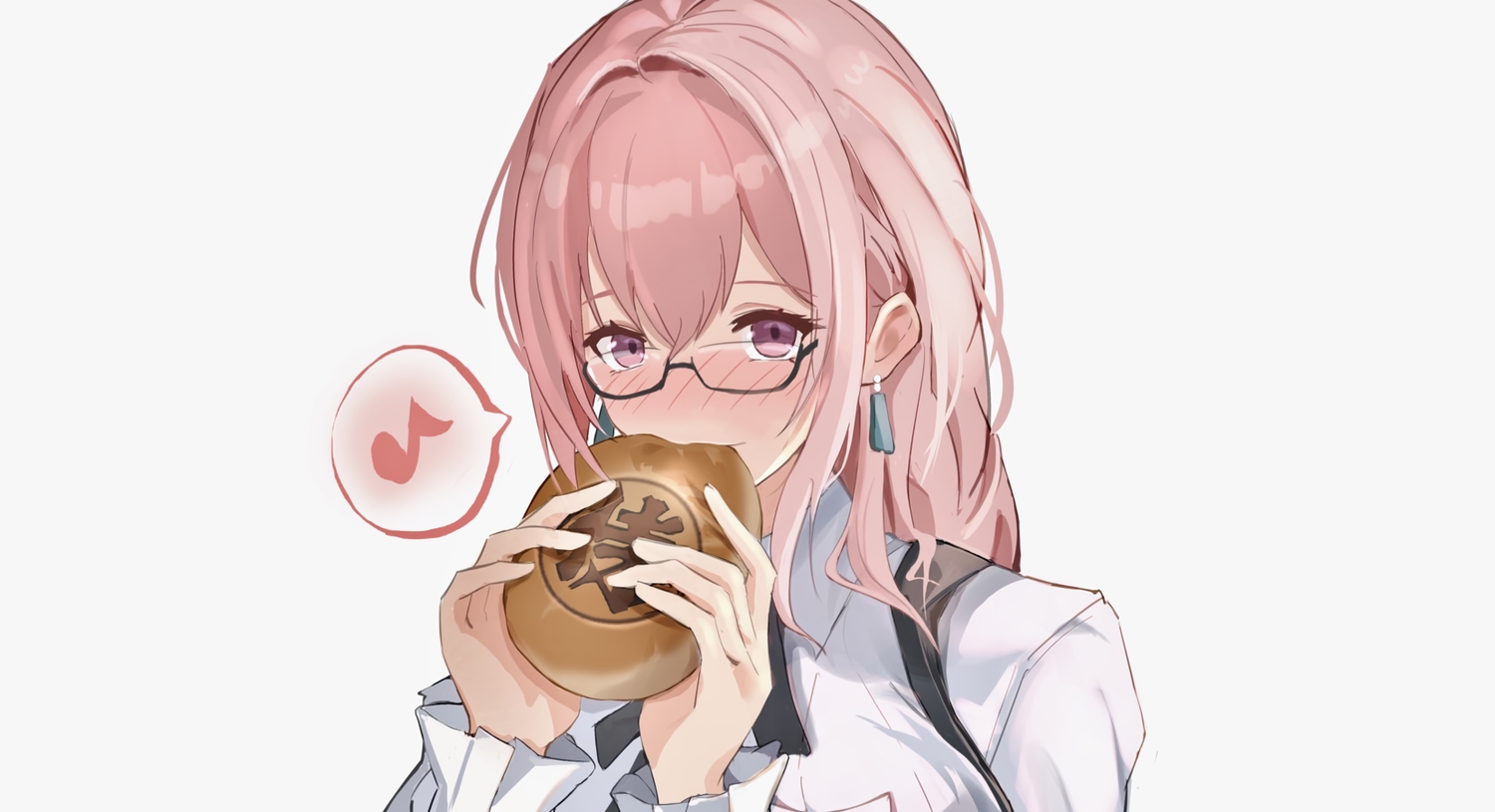 blush, close, food, glasses, long_hair, music, pinjirooo, pink_eyes, pink_hair, shirt, third-party_edit, tsukishiro_yanagi, white, zenless_zone_zero