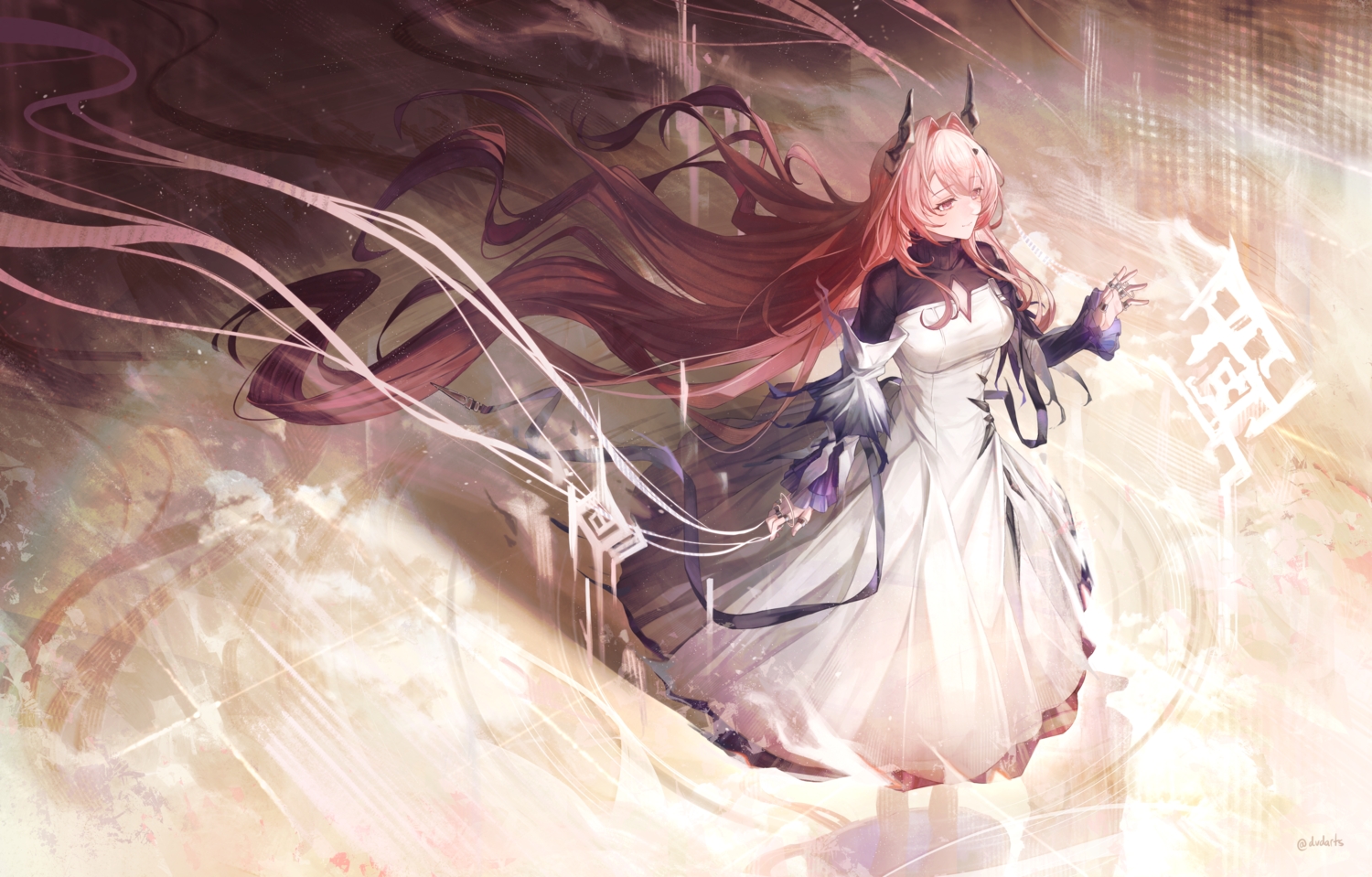 arknights, dress, dvdarts, horns, long_hair, magic, pink_eyes, pink_hair