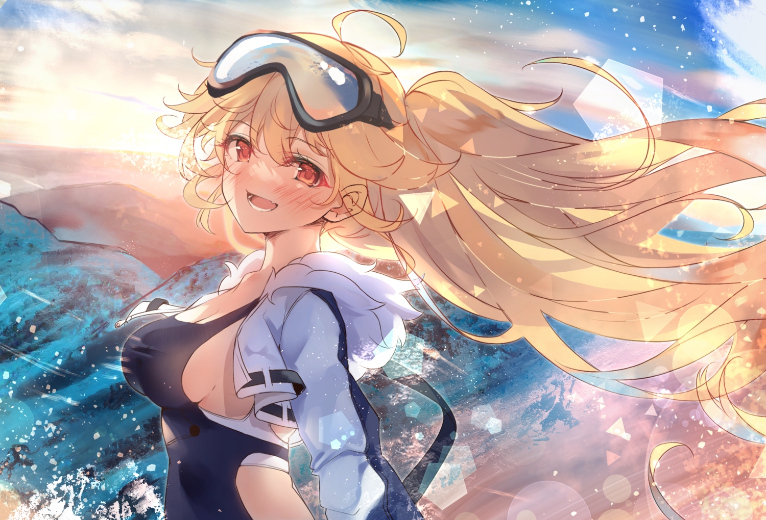 anthropomorphism, azur_lane, blonde_hair, bluecher_(azur_lane), blush, bodysuit, breasts, cleavage