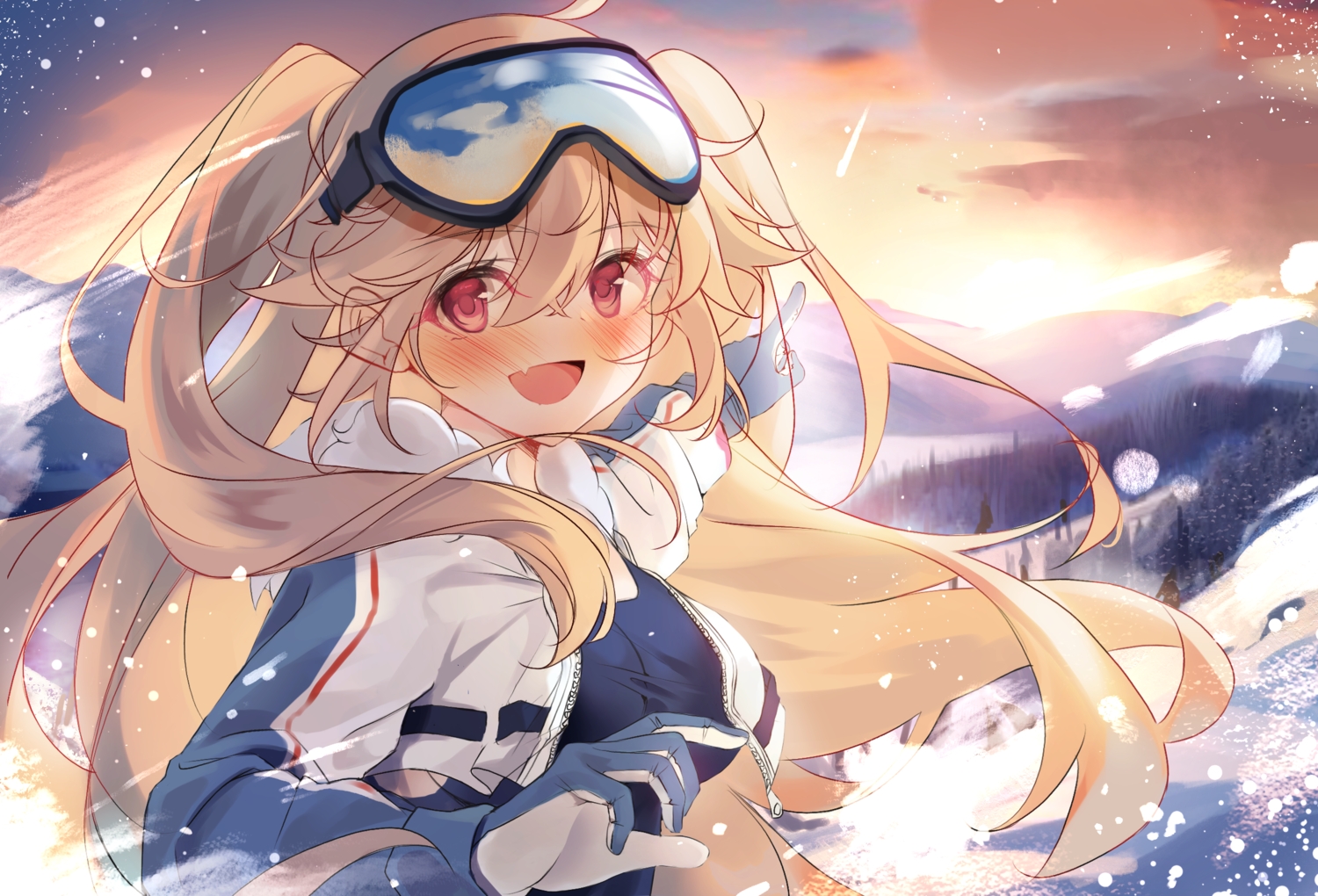 anthropomorphism, azur_lane, blonde_hair, bluecher_(azur_lane), blush, bodysuit, clouds, fang