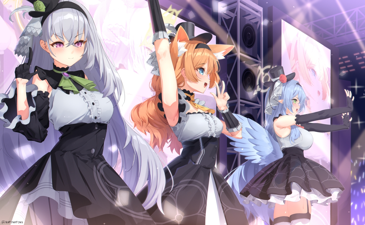 animal_ears, aomori_mine, blue_archive, blue_eyes, blue_hair, blush, bow, catgirl, dress, elbow_gloves, garter_belt, gloves, gray_hair, green_eyes, halo, hat, headband, iochi_mari, kidovie, long_hair, orange_hair, pantyhose, pointed_ears, purple_eyes, ribbons, stockings, twintails, uniform, utazumi_sakurako, wings, wristwear