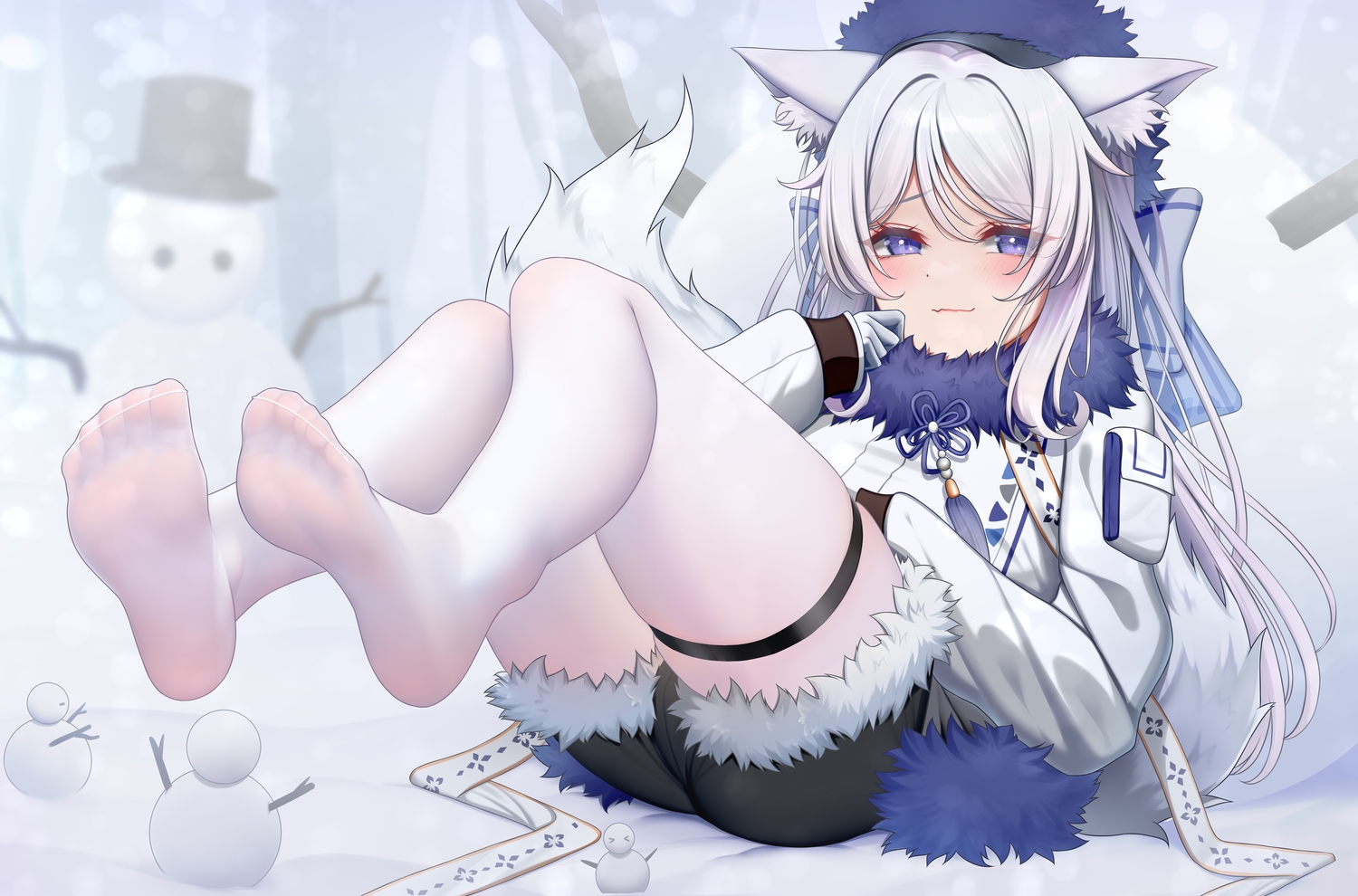 animal_ears, atom_b, bow, garter, gloves, gray_hair, hat, hood