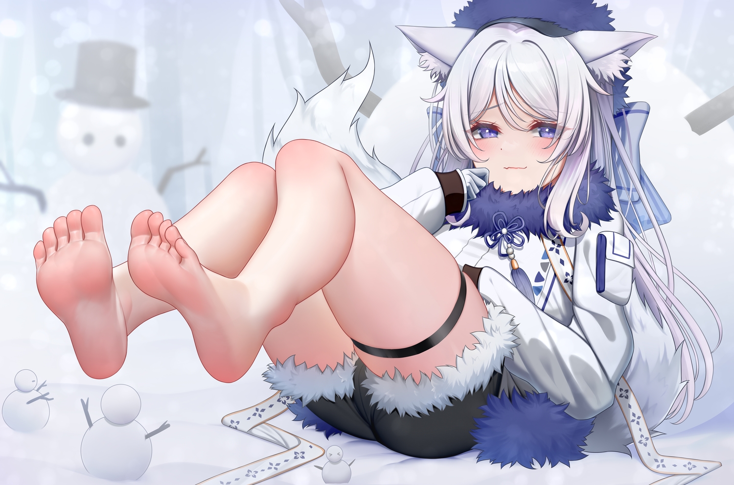 animal_ears, atom_b, barefoot, bow, garter, gloves, gray_hair, hat