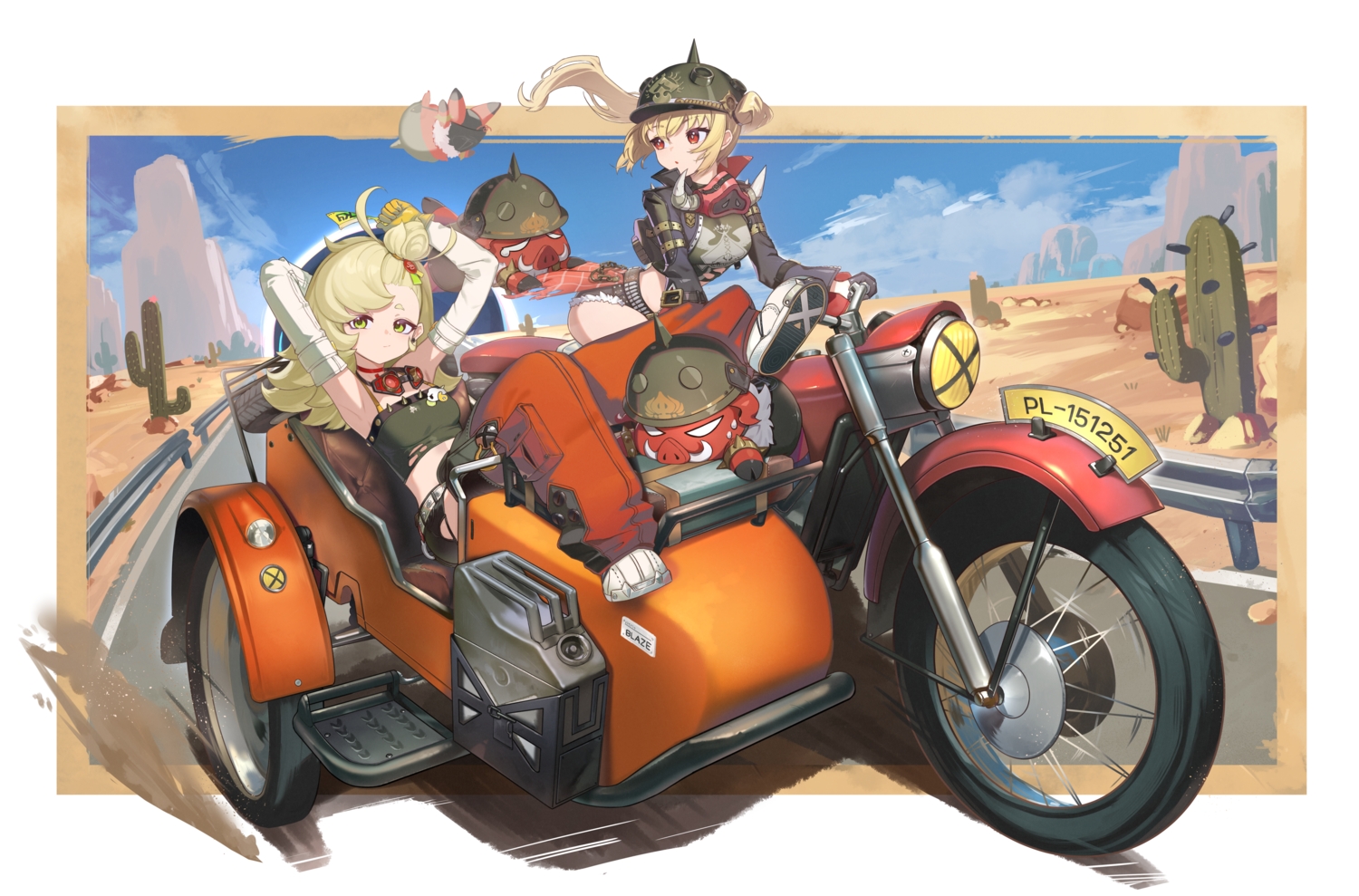 2girls, blonde_hair, choker, clouds, desert, gloves, goggles, green_eyes