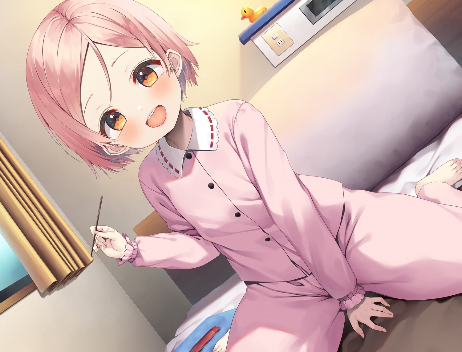 asa_no_ha, barefoot, bed, blush, loli, maitetsu, orange_eyes, pajamas