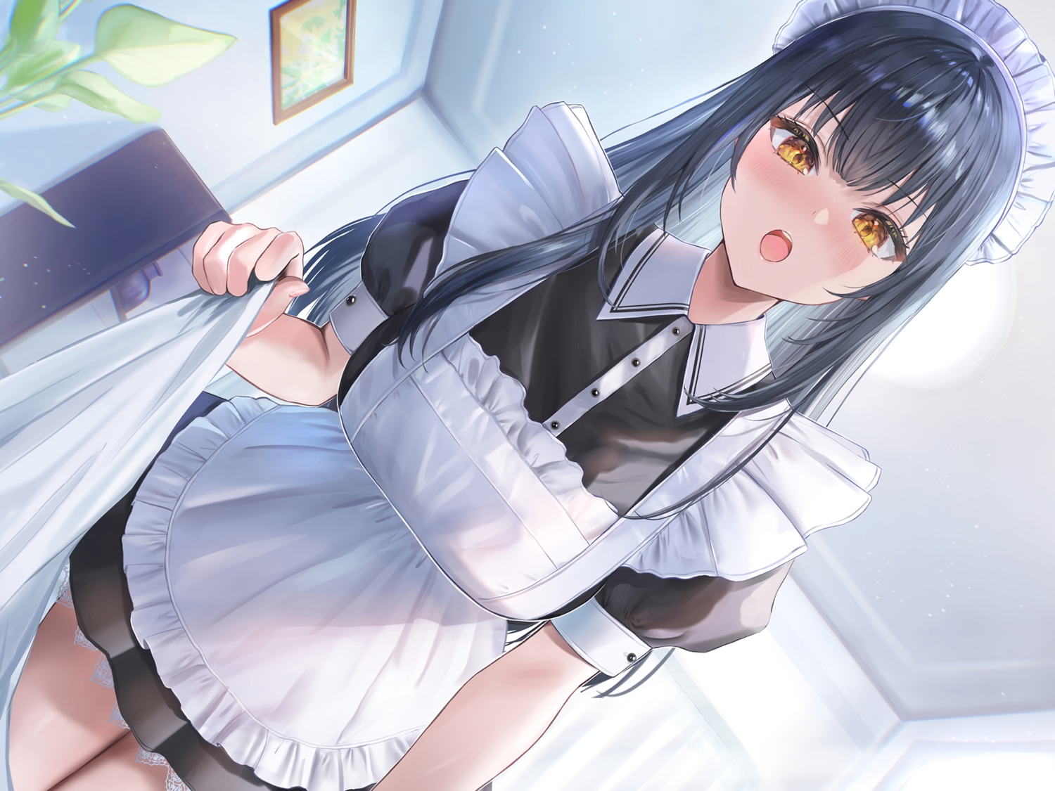 black_hair, blush, close, headdress, long_hair, maid, original, sakamuke