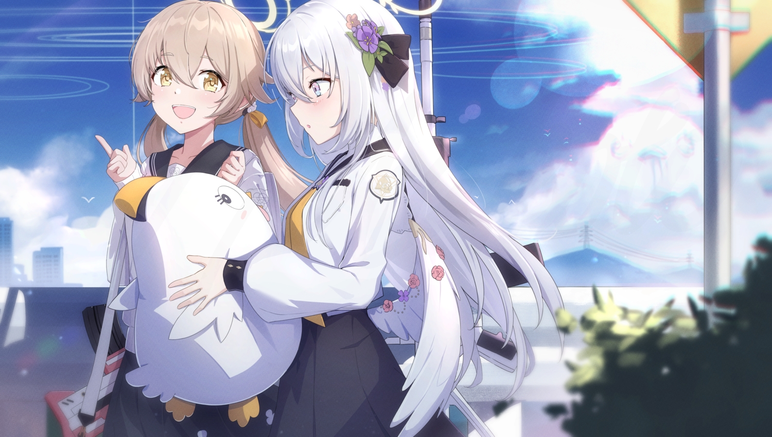 2girls, ajitani_hifumi, blue_archive, blush, bow, brown_hair, building, clouds
