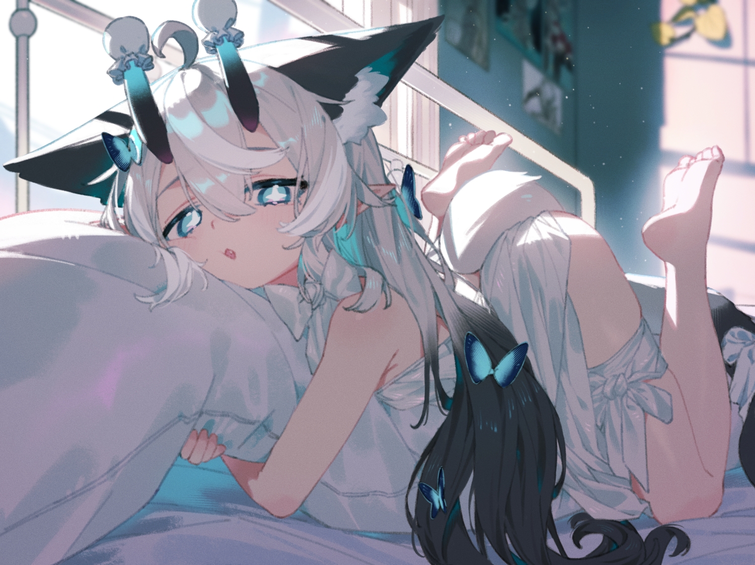 animal_ears, aqua_eyes, barefoot, bed, blush, bow, catgirl, dress