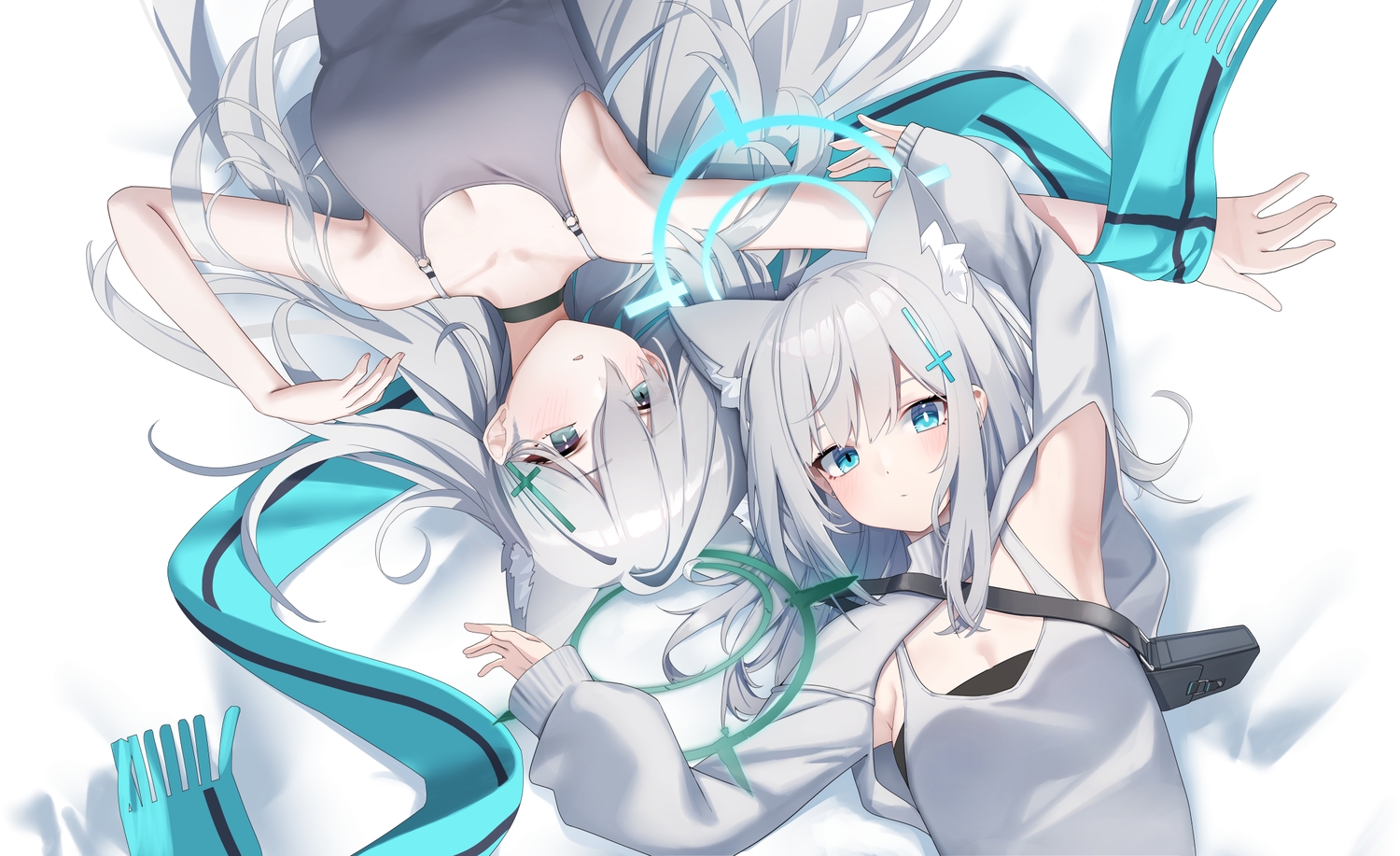 2girls, aekun_cben, animal_ears, aqua_eyes, blue_archive, blush, choker, gray_hair