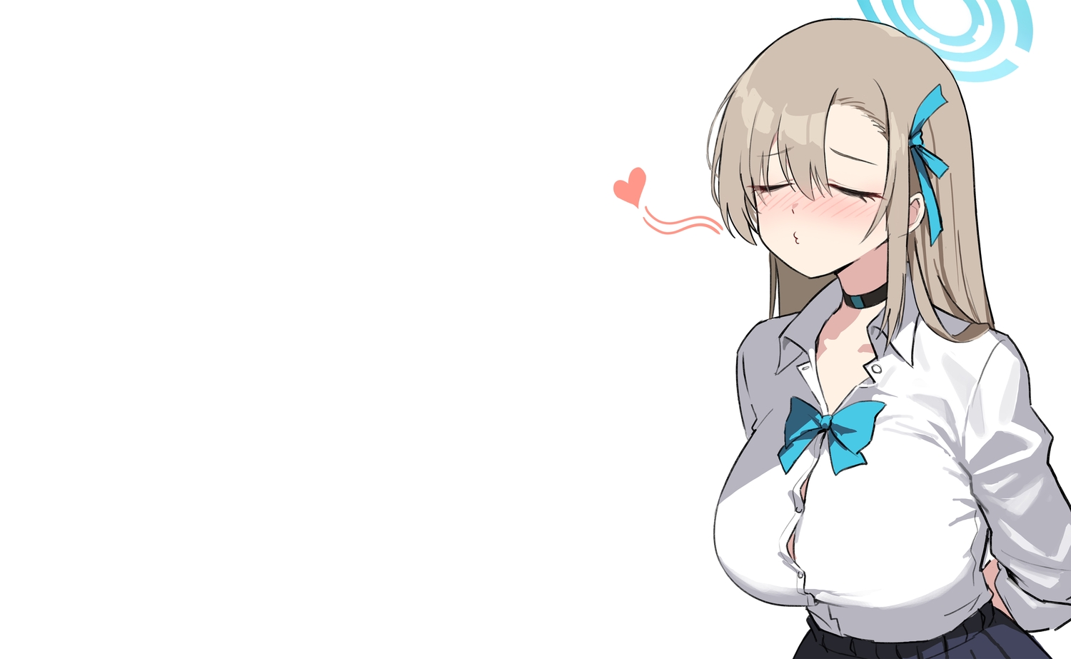blue_archive, blush, bow, breasts, brown_hair, choker, halo, heart