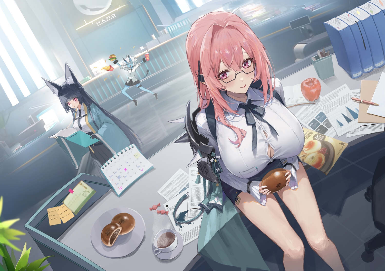 animal_ears, apple, armor, black_hair, blush, bow, breasts, candy