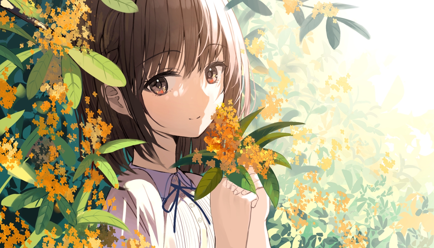 aroa_(aroamoyasi), bow, braids, brown_eyes, brown_hair, close, flowers, leaves, seifuku_kanojo, shirt, short_hair, tamayori_himari