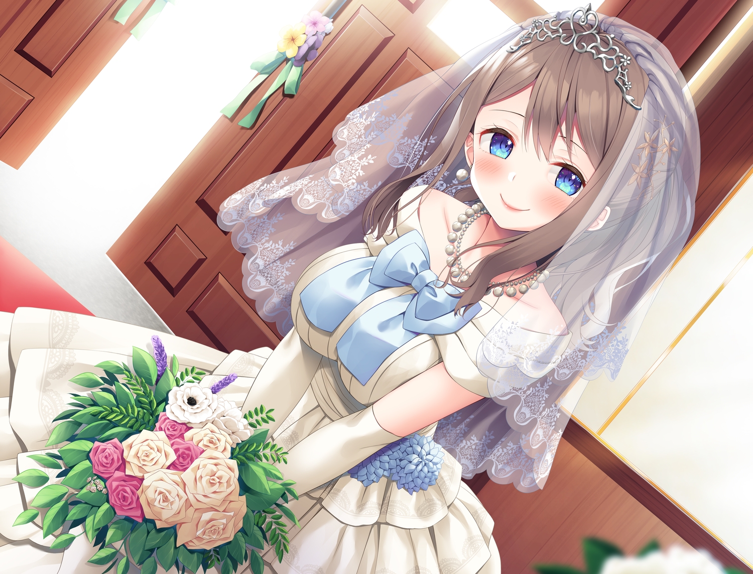 asa_no_ha, blue_eyes, blush, brown_hair, dress, elbow_gloves, flowers, gloves