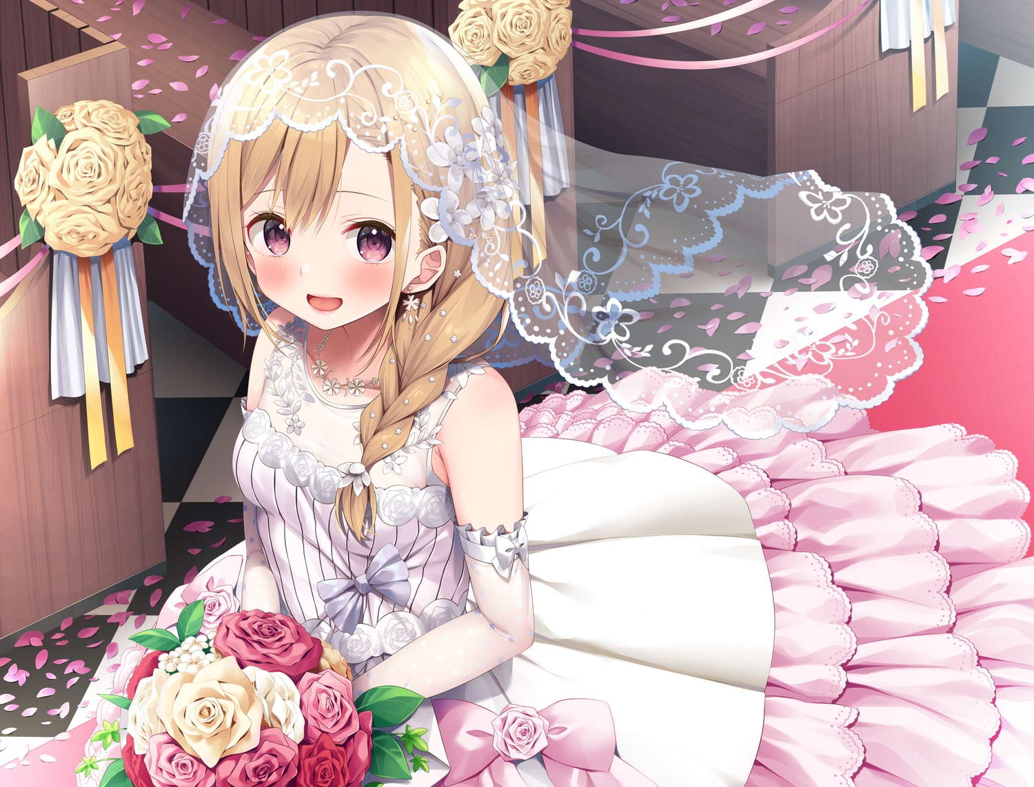 asa_no_ha, blush, braids, brown_eyes, brown_hair, dress, elbow_gloves, flowers