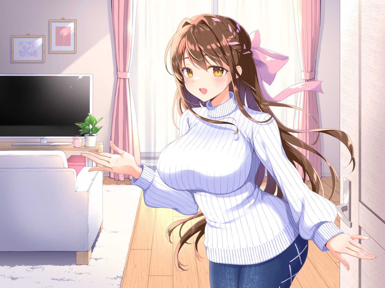 blush, braids, brown_eyes, long_hair, mozuya_murasaki, original, yellow_eyes