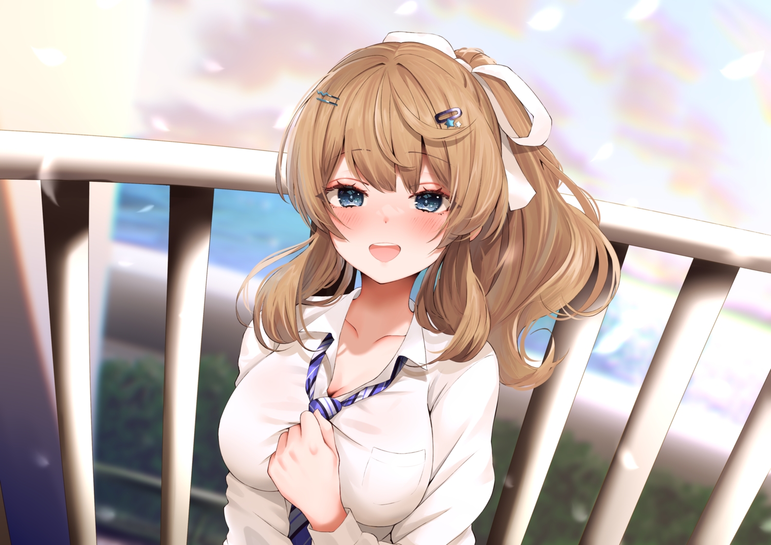 black_eyes, blush, breast_hold, breasts, brown_hair, cleavage, close, clouds