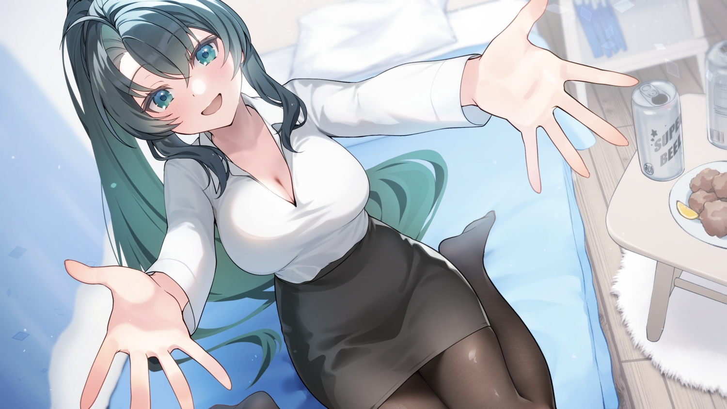 bed, black_hair, blush, breasts, cleavage, drink, food, green_eyes