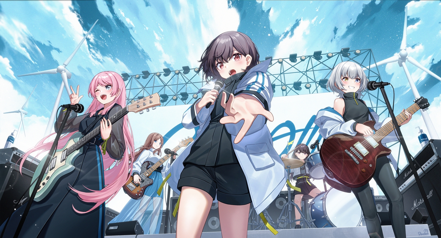 bang_dream!, bicolored_eyes, black_hair, blue_eyes, blush, brown_hair, chihaya_anon, clouds