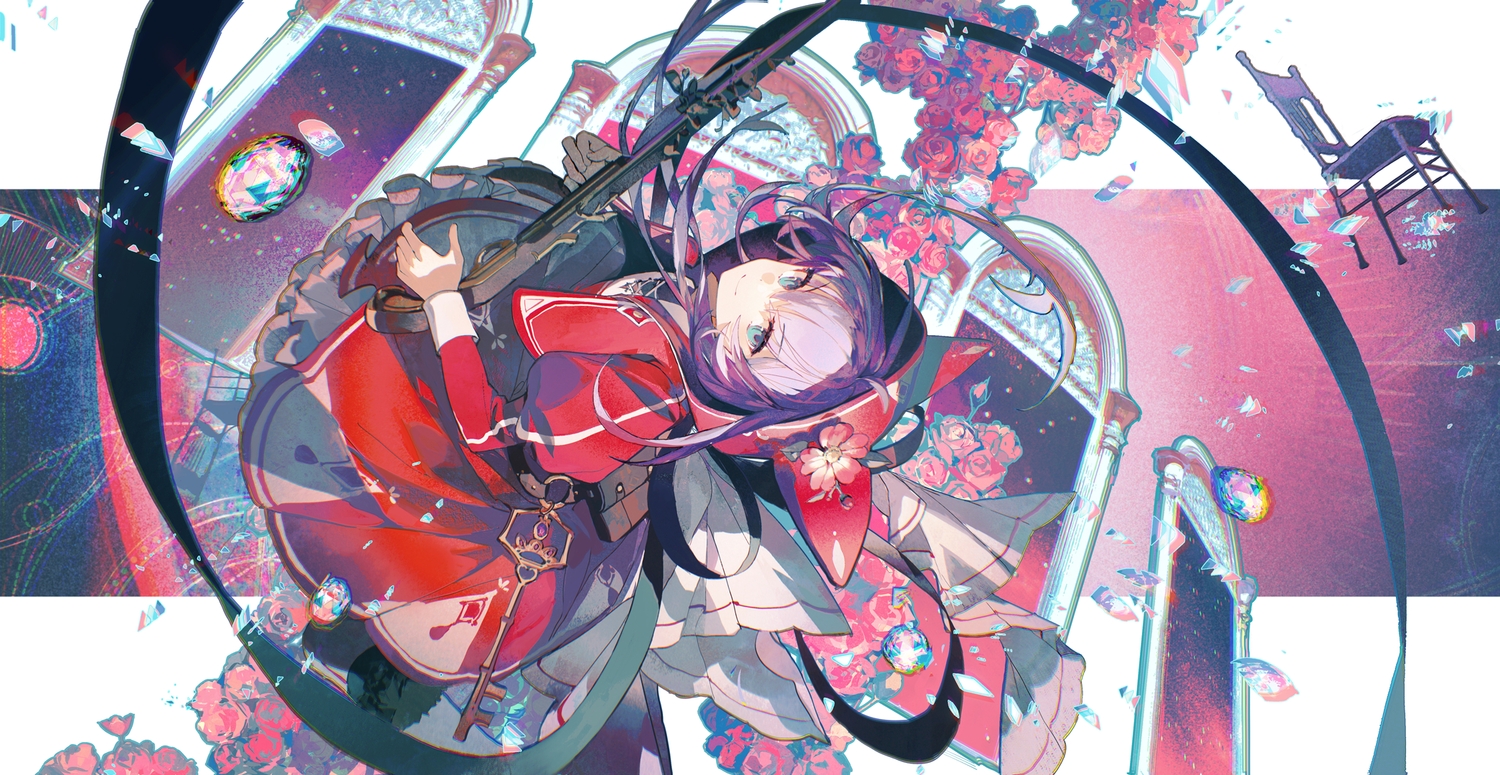 animal_ears, aqua_eyes, dress, flowers, gun, hood, lobelia_(saclia), lolita_fashion, long_hair, maimai_(game), purple_hair, rose, tagme_(character), weapon