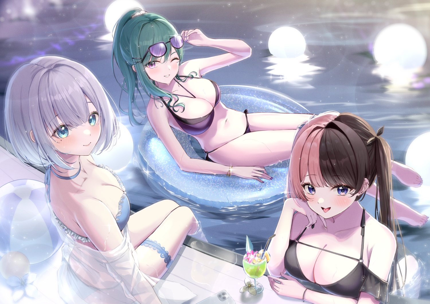 aqua_eyes, ball, bikini, blue_eyes, blush, breasts, choker, cleavage