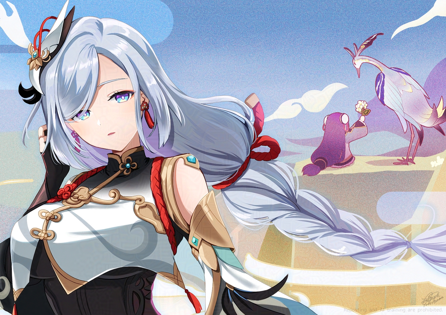 2girls, animal, armor, azuma_yuki, bird, blue_eyes, braids, chinese_clothes