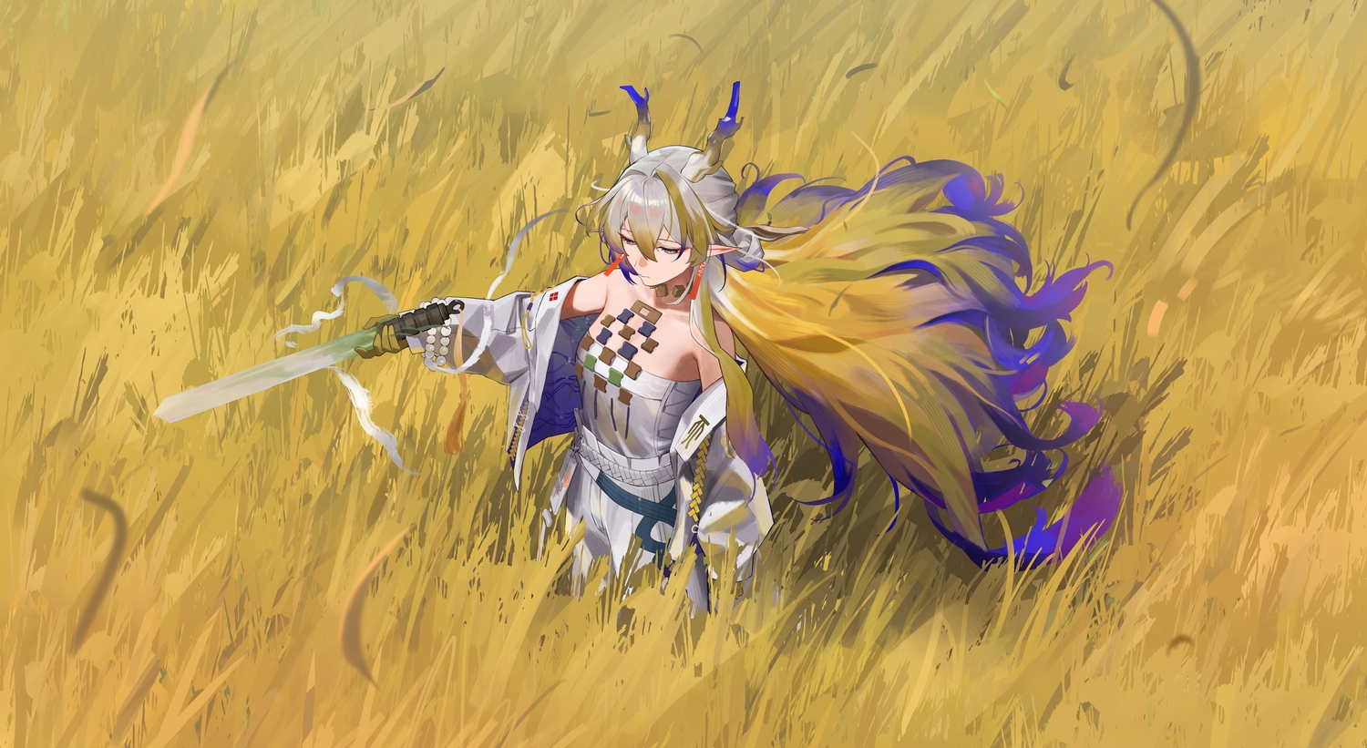 arknights, blue_eyes, grass, horns, jinsei_tsuraiman, long_hair, magic, necklace
