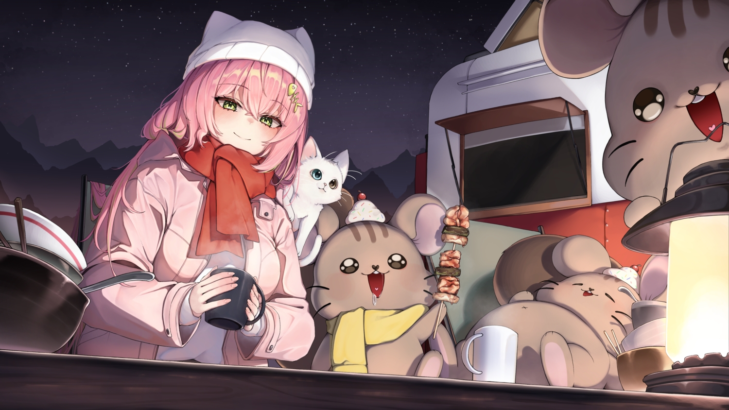 animal, animal_ears, blush, cat, drink, food, green_eyes, hat, hood, long_hair, night, pink_hair, scarf, sky, stars, tagme_(character), winter, yuon_6262