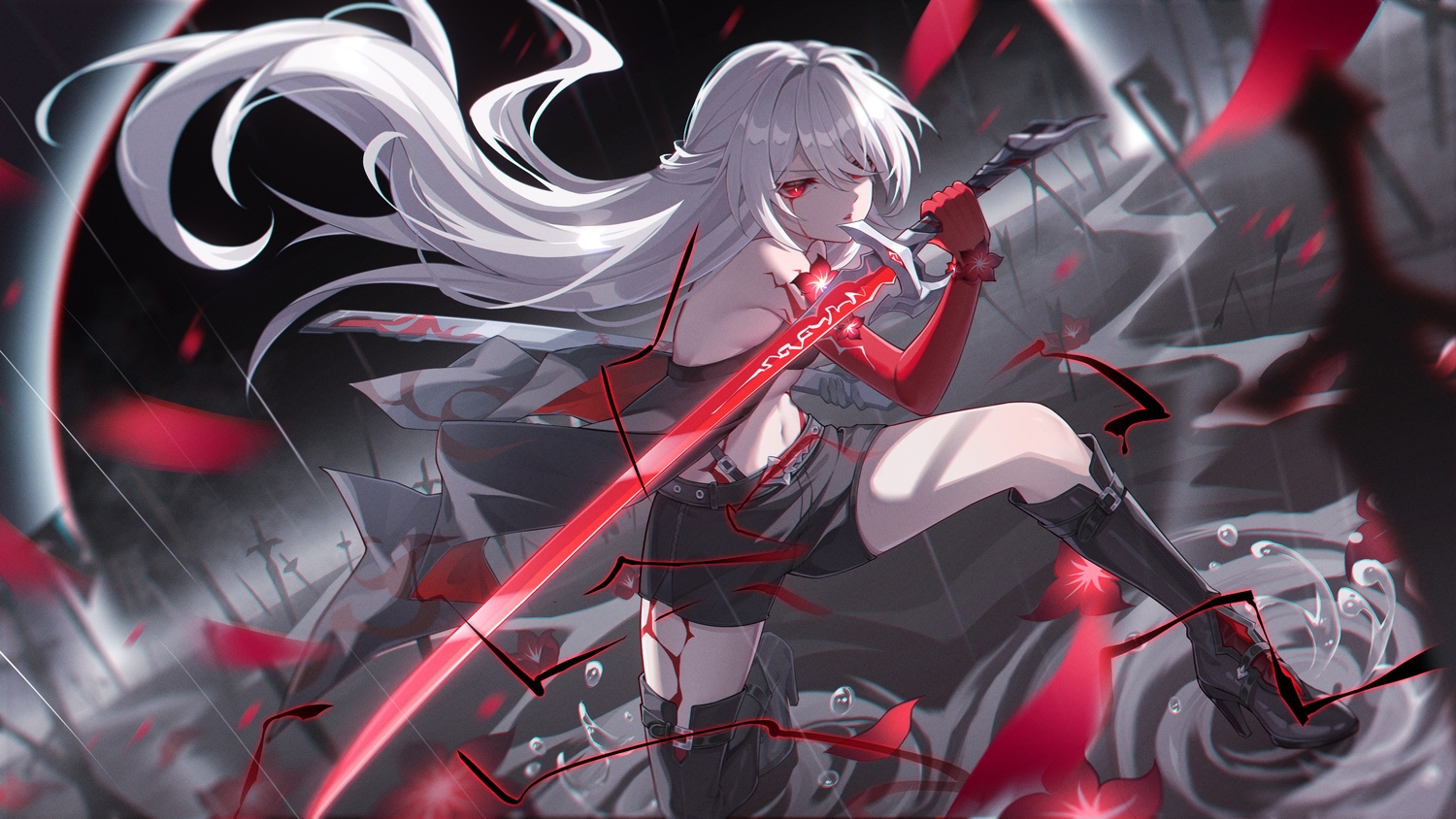 acheron_(honkai:_star_rail), blood, boots, congyu, flowers, honkai_(series), honkai:_star_rail, long_hair