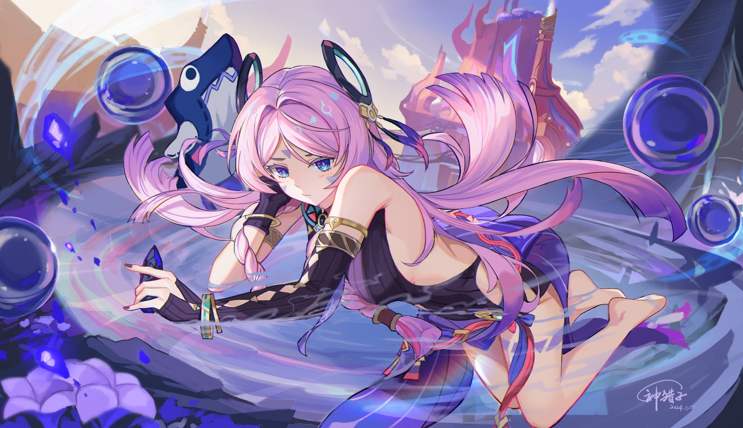 barefoot, blue_eyes, blush, braids, citlali_(genshin_impact), clouds, flowers, genshin_impact