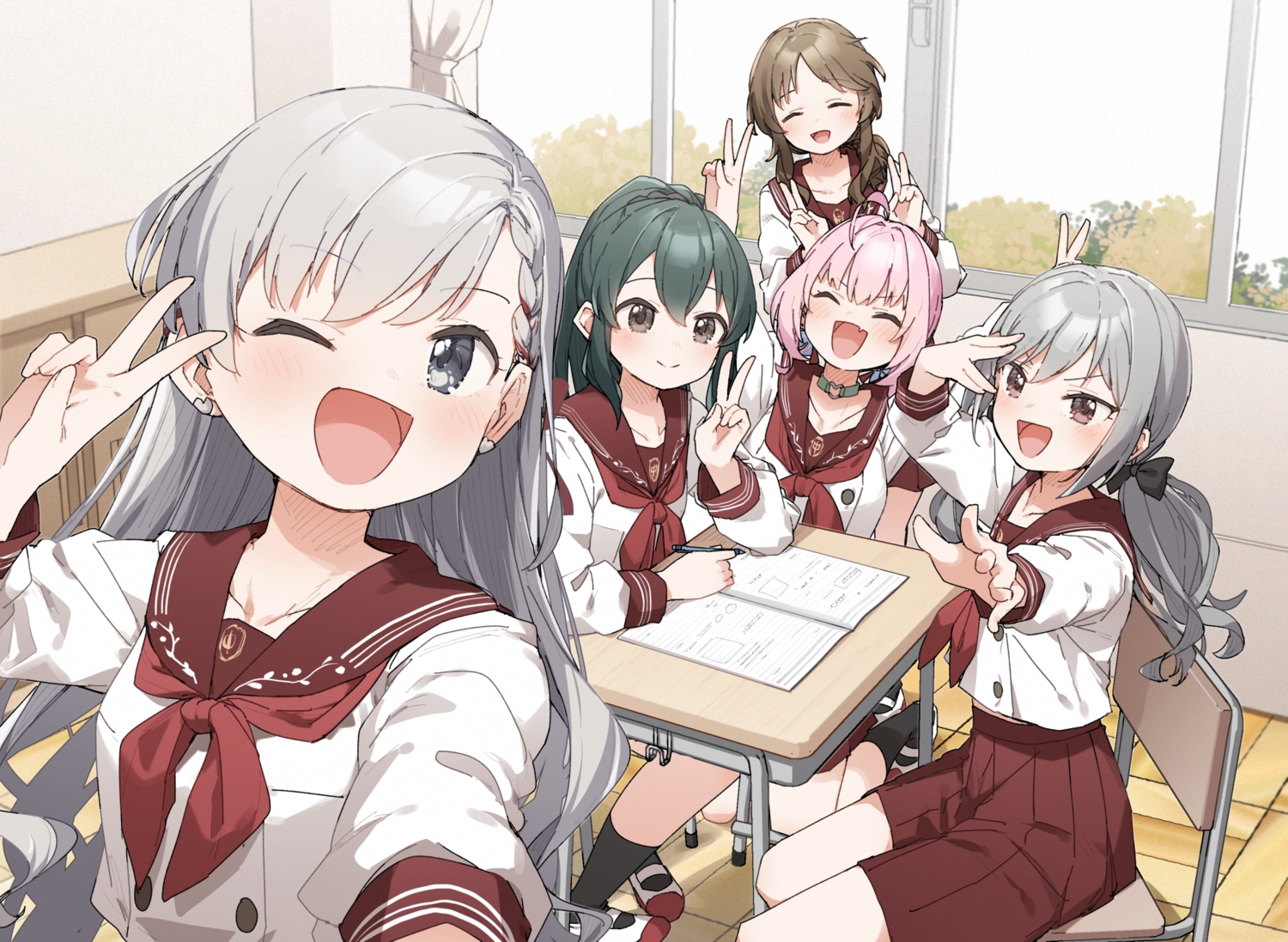 bow, braids, brown_eyes, brown_hair, choker, close, fang, gray_eyes