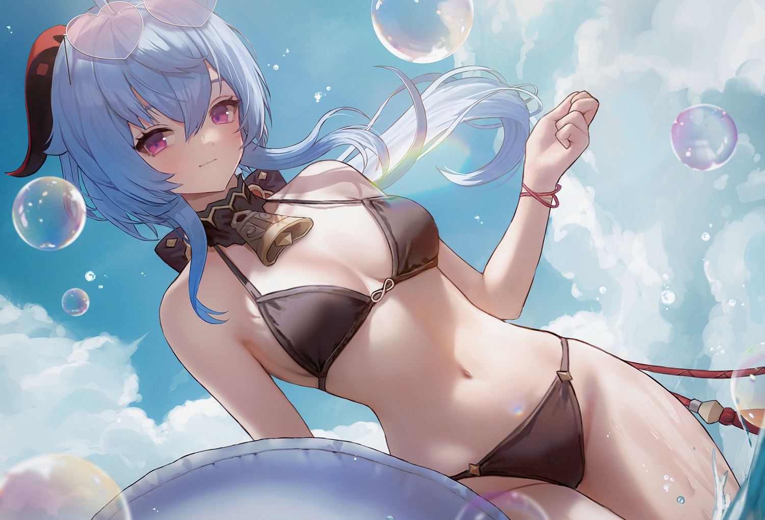 bell, bikini, blue_hair, bow, bubbles, choker, close, clouds
