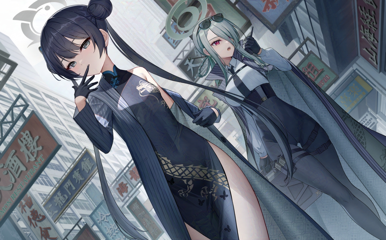 2girls, black_hair, blue_archive, braids, building, cape, chinese_clothes, chinese_dress, city, dress, flat_chest, garter, gloves, gray_eyes, green_hair, halo, konoe_mina, long_hair, red_eyes, ryuuge_kisaki, shirt, sion_(9117), sunglasses, tie, twintails