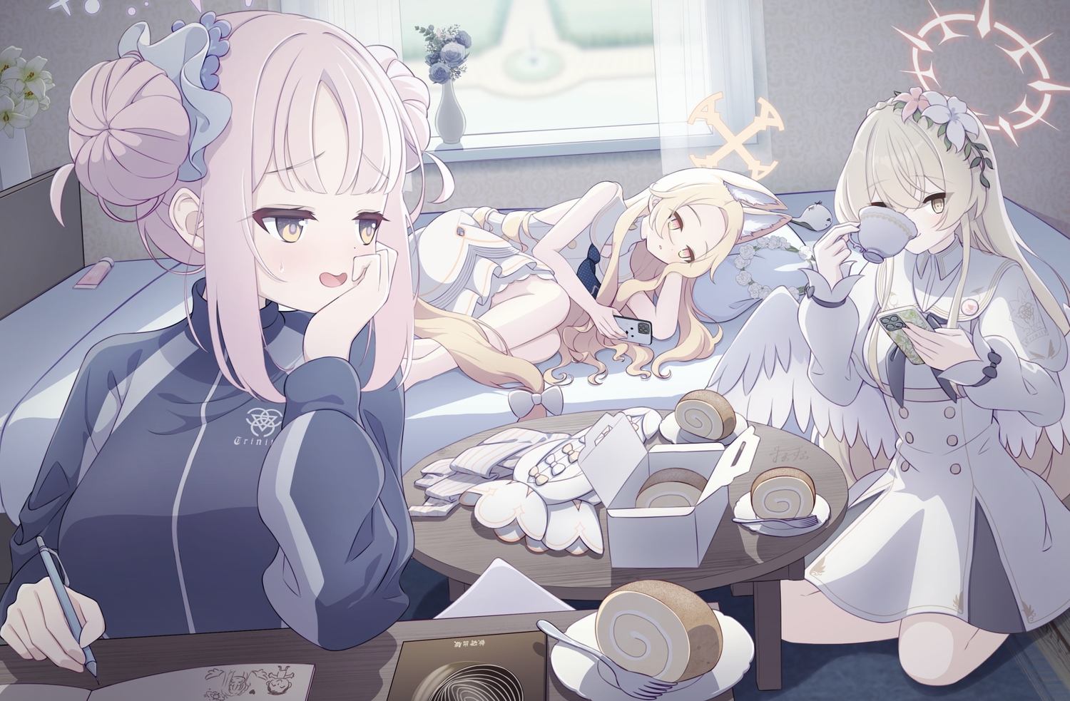 animal, animal_ears, bed, bird, blonde_hair, blue_archive, bow, brown_eyes