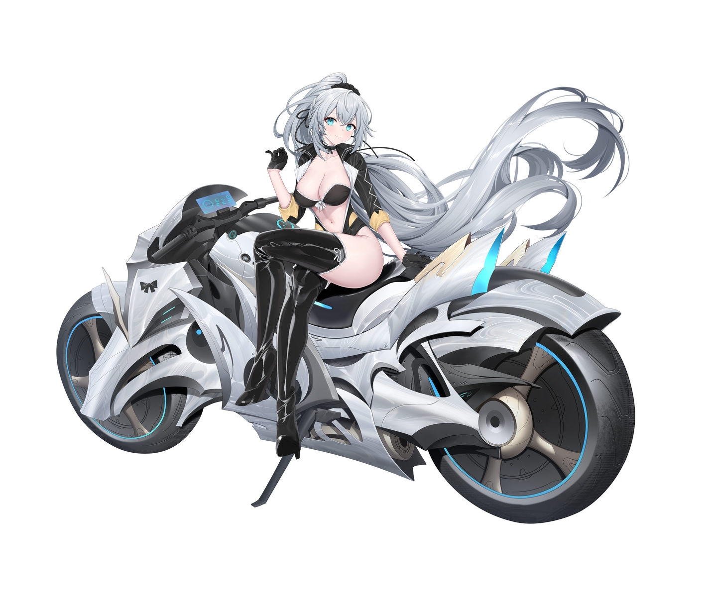 aqua_eyes, bikini_top, blush, boots, breasts, choker, cleavage, gloves