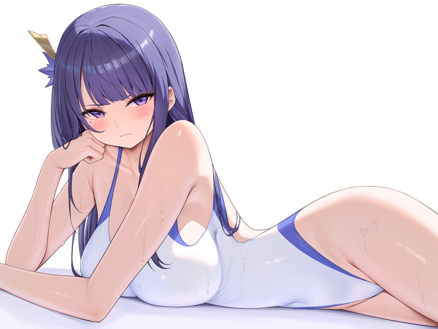 blush, breasts, genshin_impact, long_hair, purple_eyes, purple_hair, raiden_shogun, rosumerii, swimsuit, wet, white