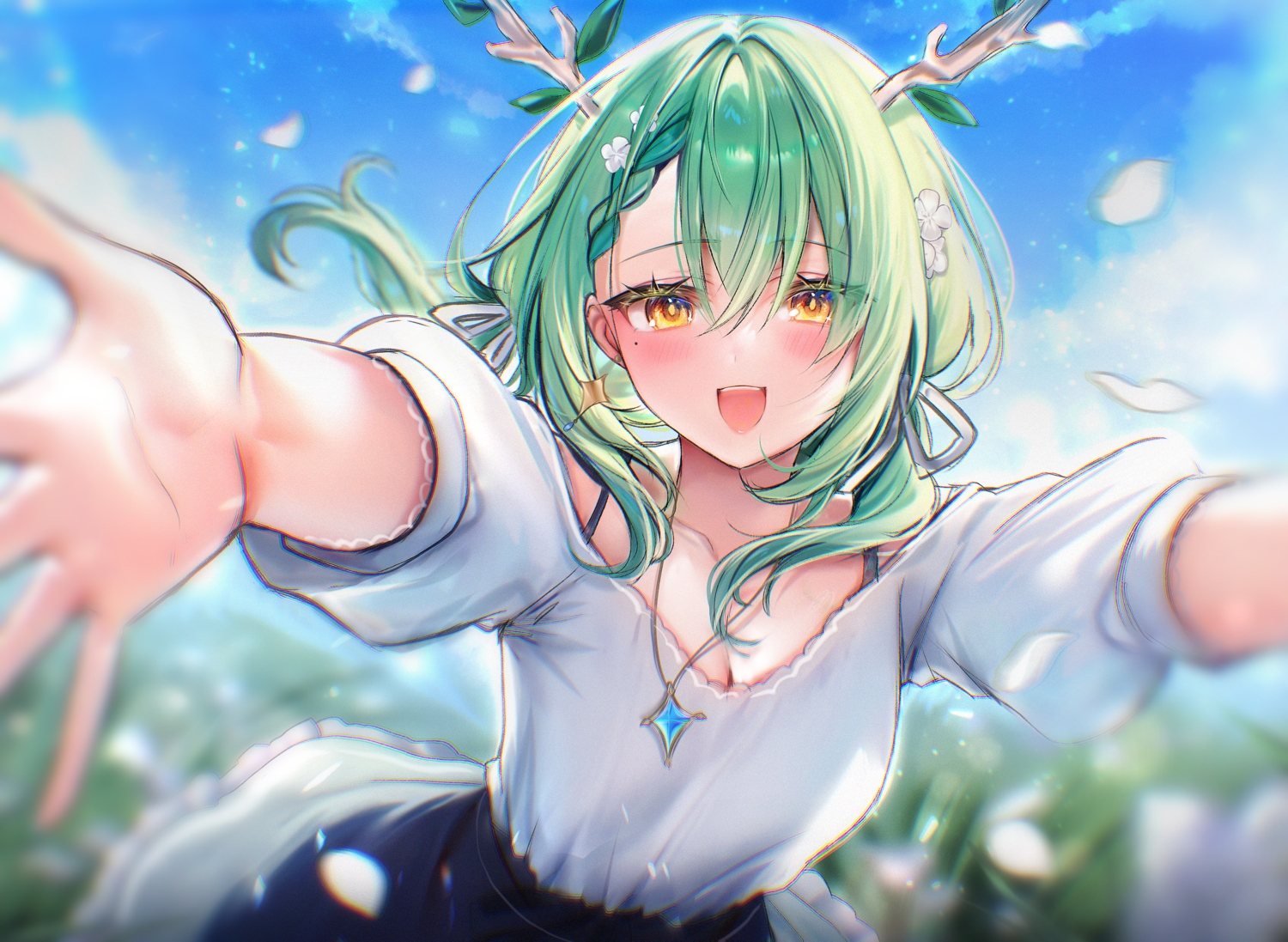 blush, bow, braids, breasts, ceres_fauna, cleavage, close, clouds