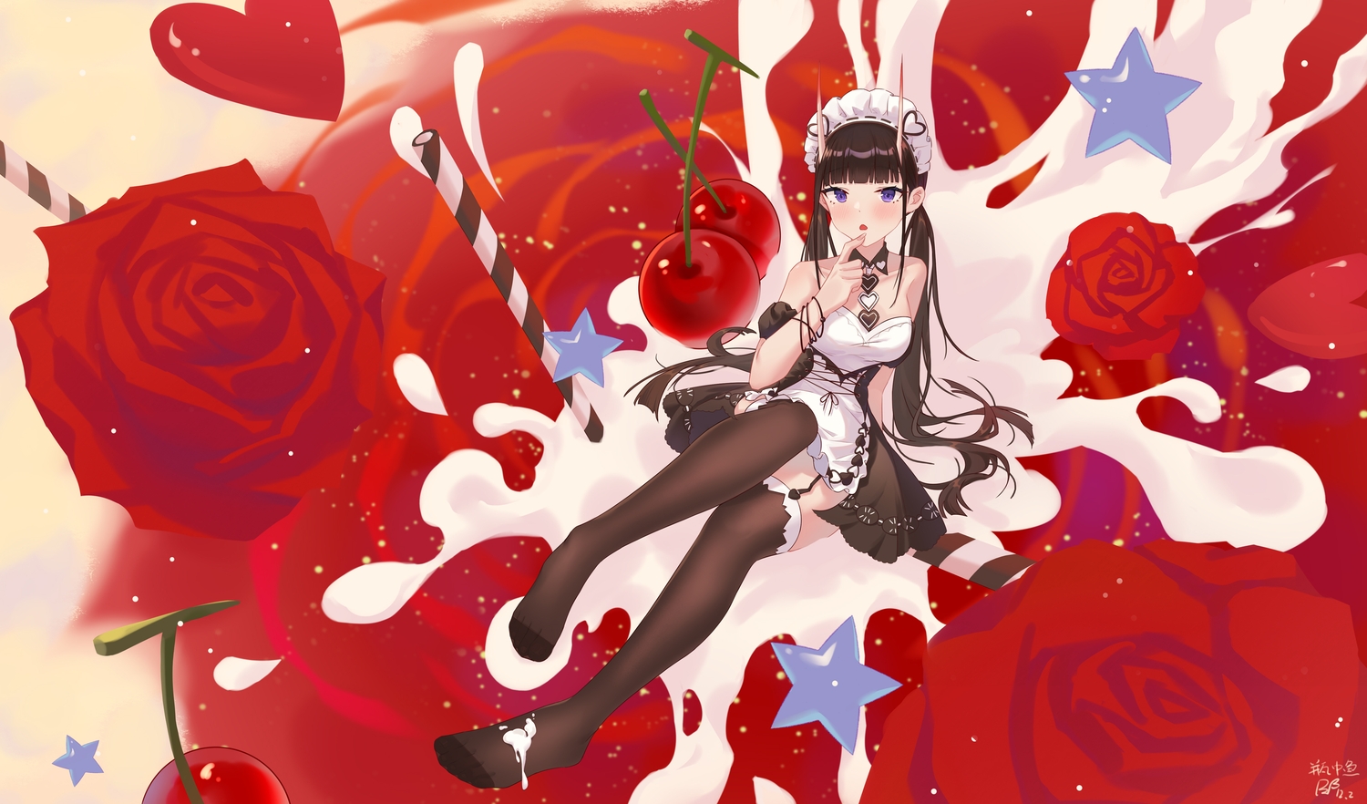 anthropomorphism, azur_lane, black_hair, blush, cherry, demon, dress, drink, flowers, food, fruit, garter_belt, headdress, heart, horns, long_hair, maid, noshiro_(azur_lane), ping_zhong_yu, purple_eyes, rose, signed, stockings, twintails, wristwear