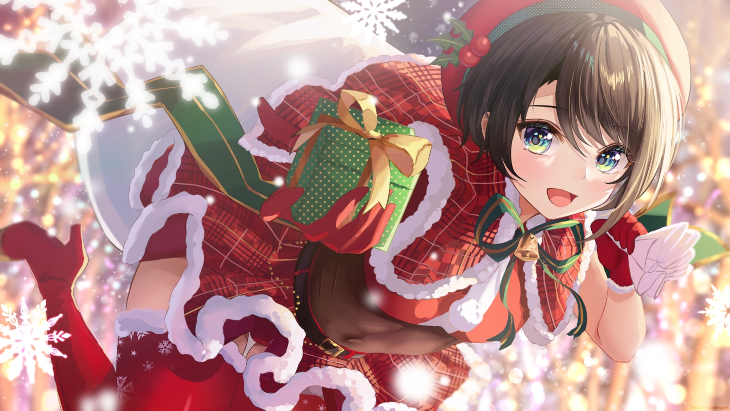 aqua_eyes, bell, blush, boots, bow, brown_hair, cape, christmas, gloves, hat, hololive, oozora_subaru, ribbons, short_hair, skirt, snow, souyoru, thighhighs