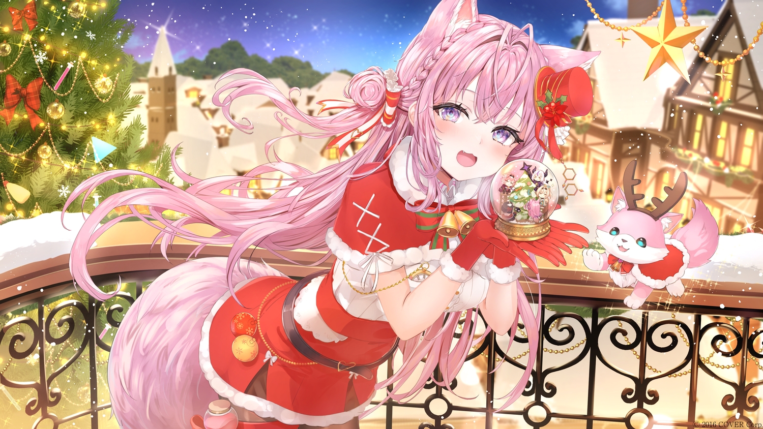 animal, animal_ears, bell, blonde_hair, blush, bow, braids, building