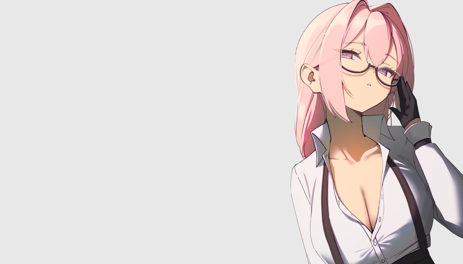 breasts, cleavage, close, glasses, gloves, gray, long_hair, open_shirt, pink_hair, purple_eyes, shirt, skeptycally, third-party_edit, tsukishiro_yanagi, zenless_zone_zero