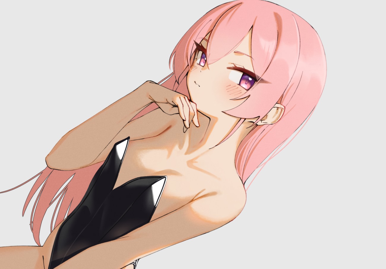 blush, close, gray, leotard, long_hair, original, pink_eyes, pink_hair