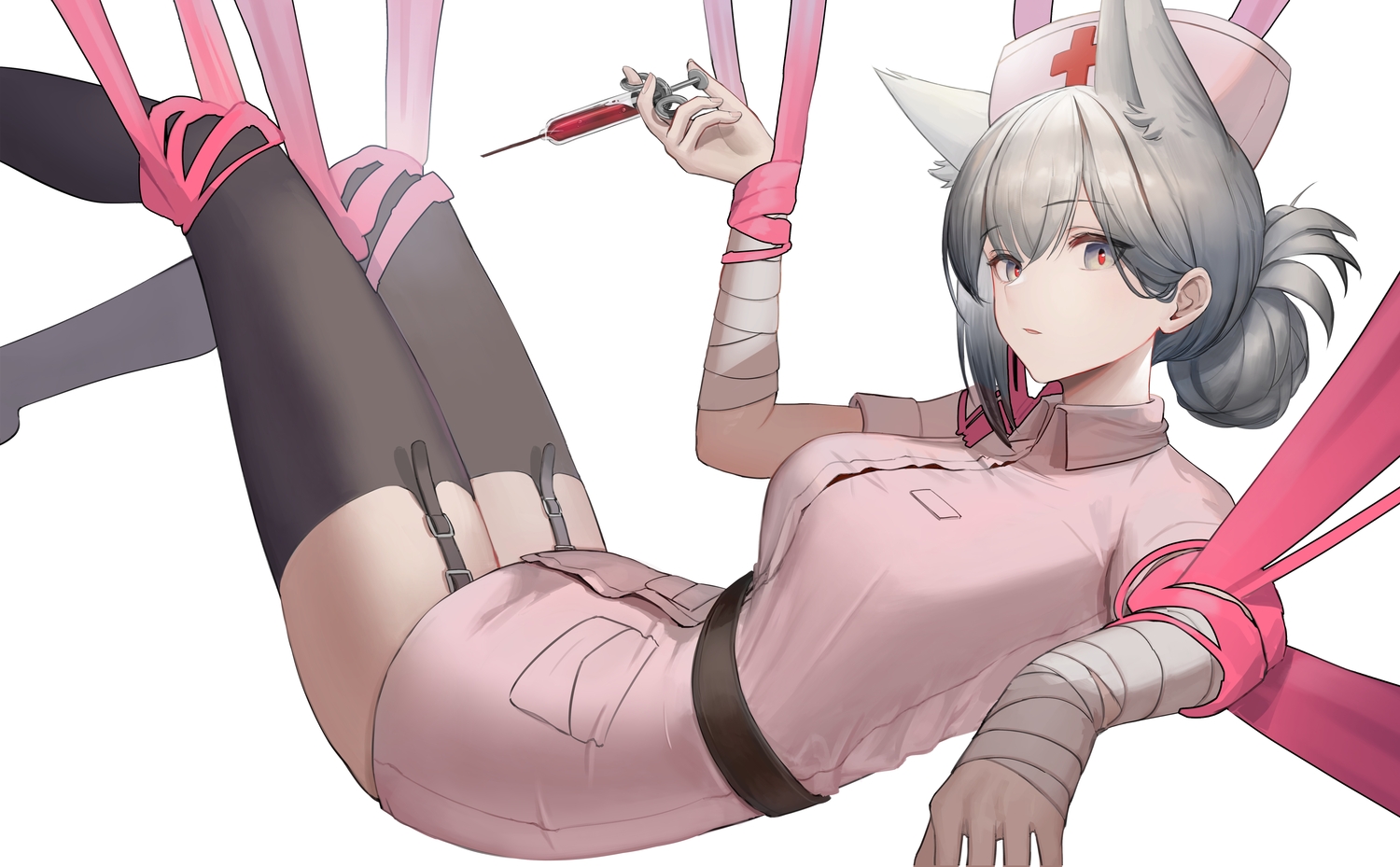 animal_ears, bandage, bondage, dress, garter_belt, gray_eyes, gray_hair, headdress, hodangdang_ok, nurse, original, ribbons, stockings, uniform, white, zettai_ryouiki