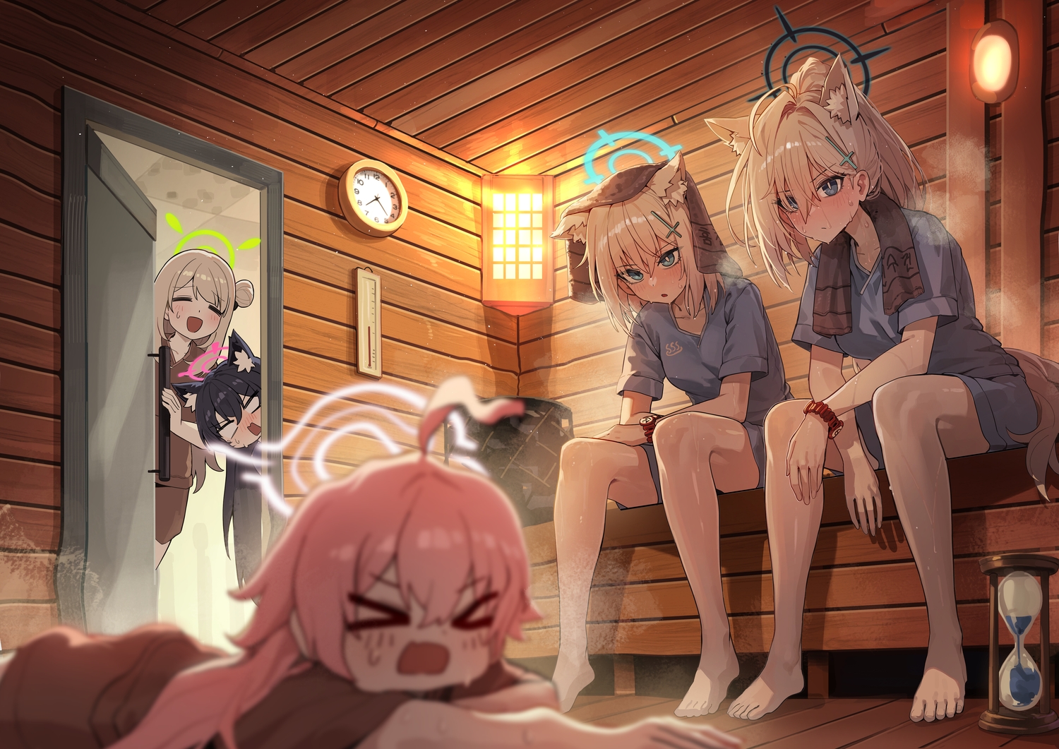 animal_ears, black_hair, blue_archive, blue_eyes, blush, catgirl, fang, gray_hair