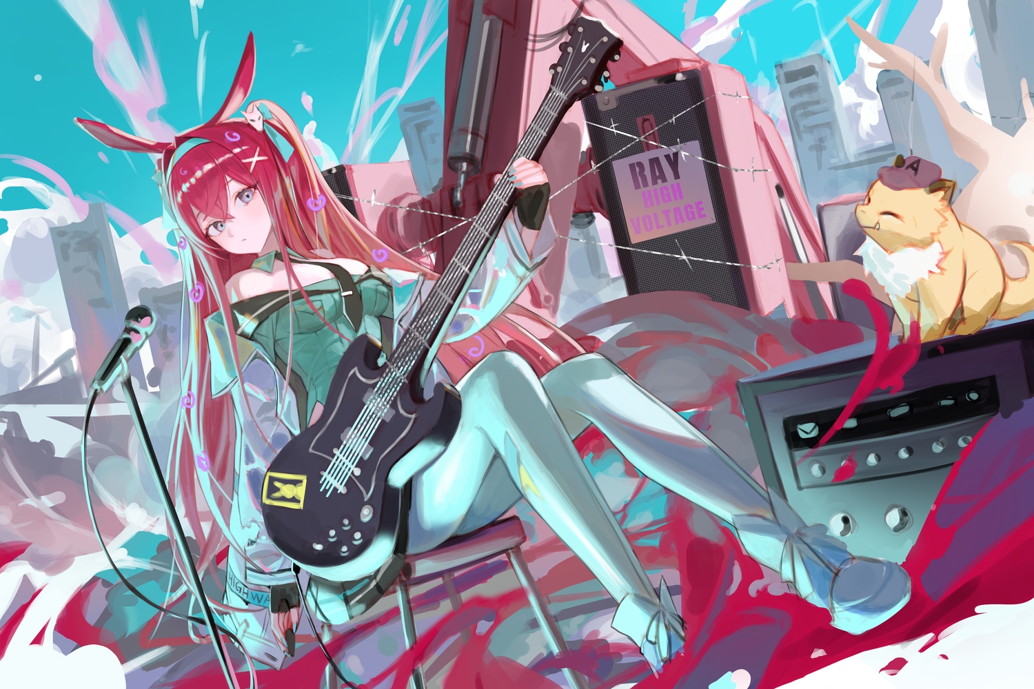 animal_ears, arknights, building, bunny_ears, bunnygirl, clouds, gloves, guitar