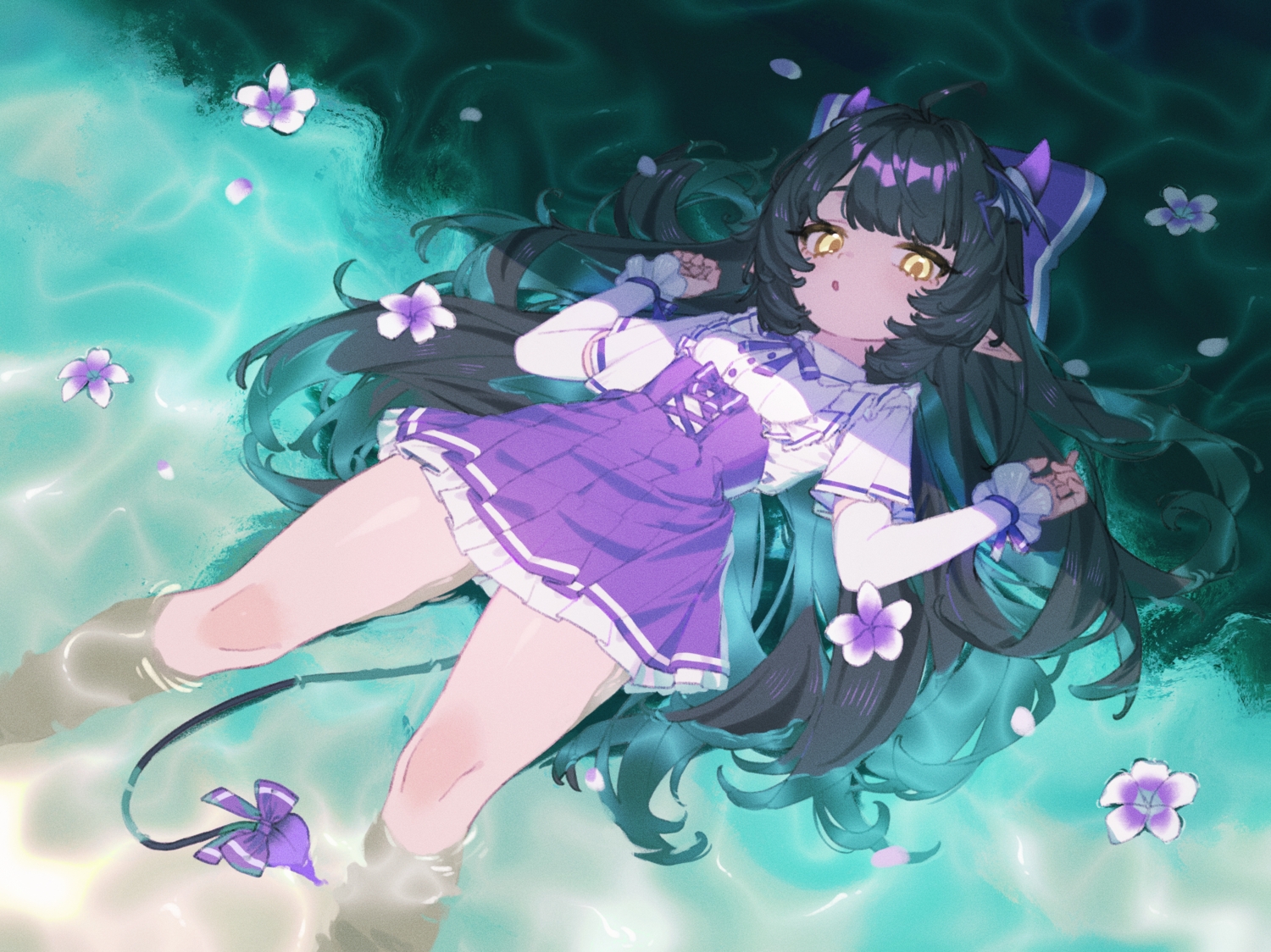 black_hair, bow, dress, flowers, horns, loli, long_hair, mosou_keito, original, petals, pointed_ears, shade, tail, water, wristwear, yellow_eyes