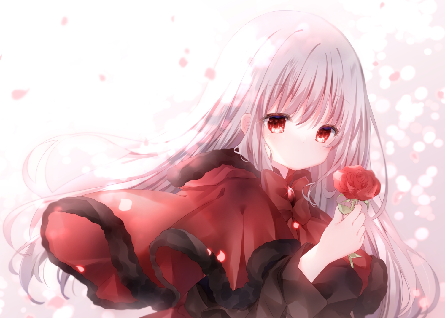 bow, cape, close, flowers, goth-loli, gradient, gray_hair, hari_shoku
