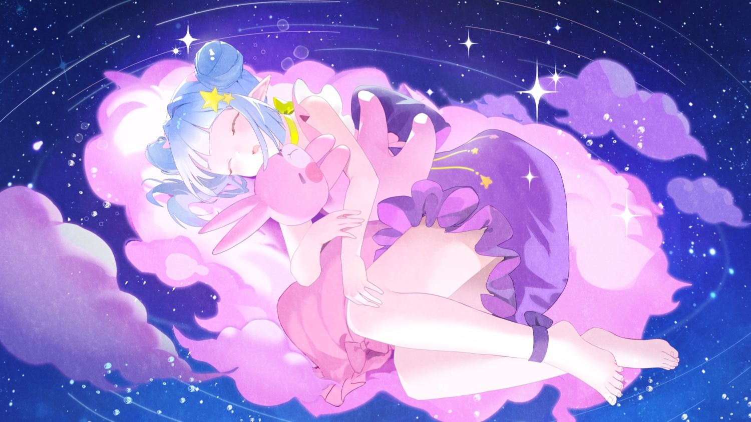 barefoot, blush, bow, bunny, choker, clouds, dress, eversoul